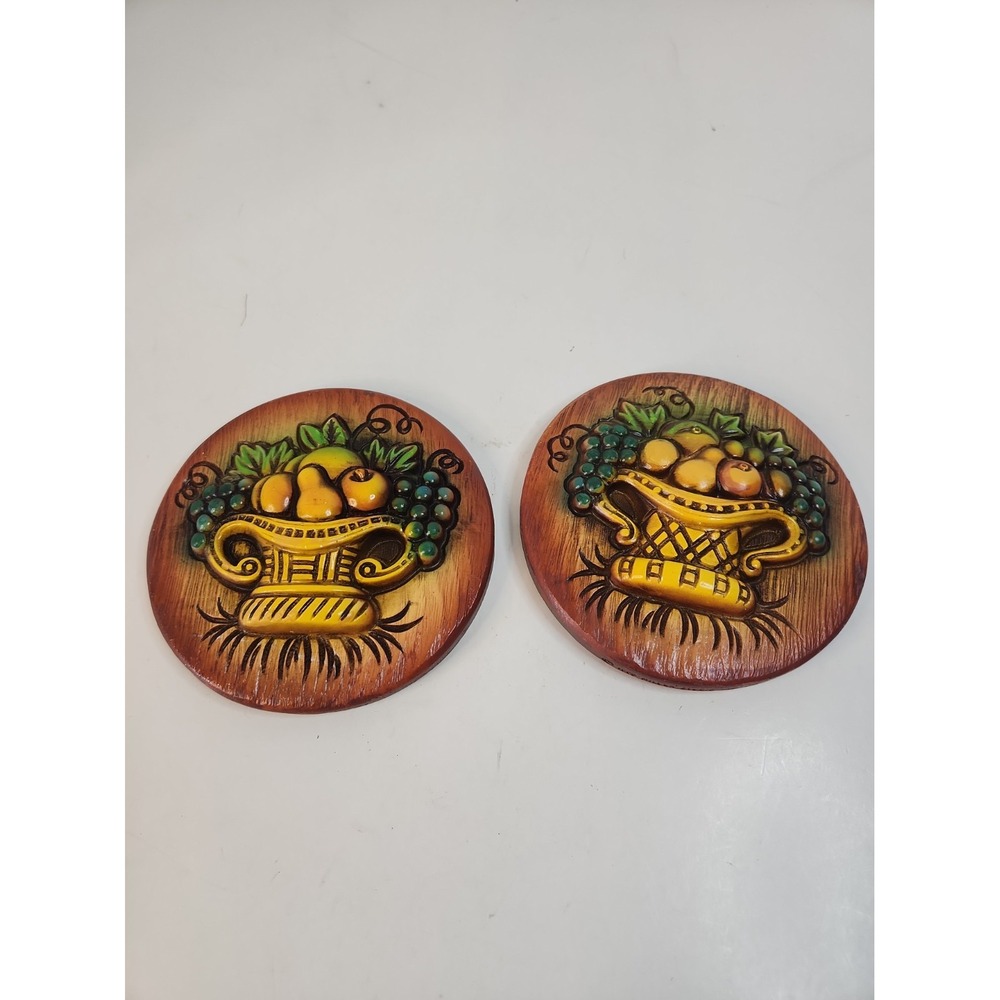 Vintage 1966 Miller Studio Chalkware Fruit Basket Wall Plaques Set of 2 Restored
